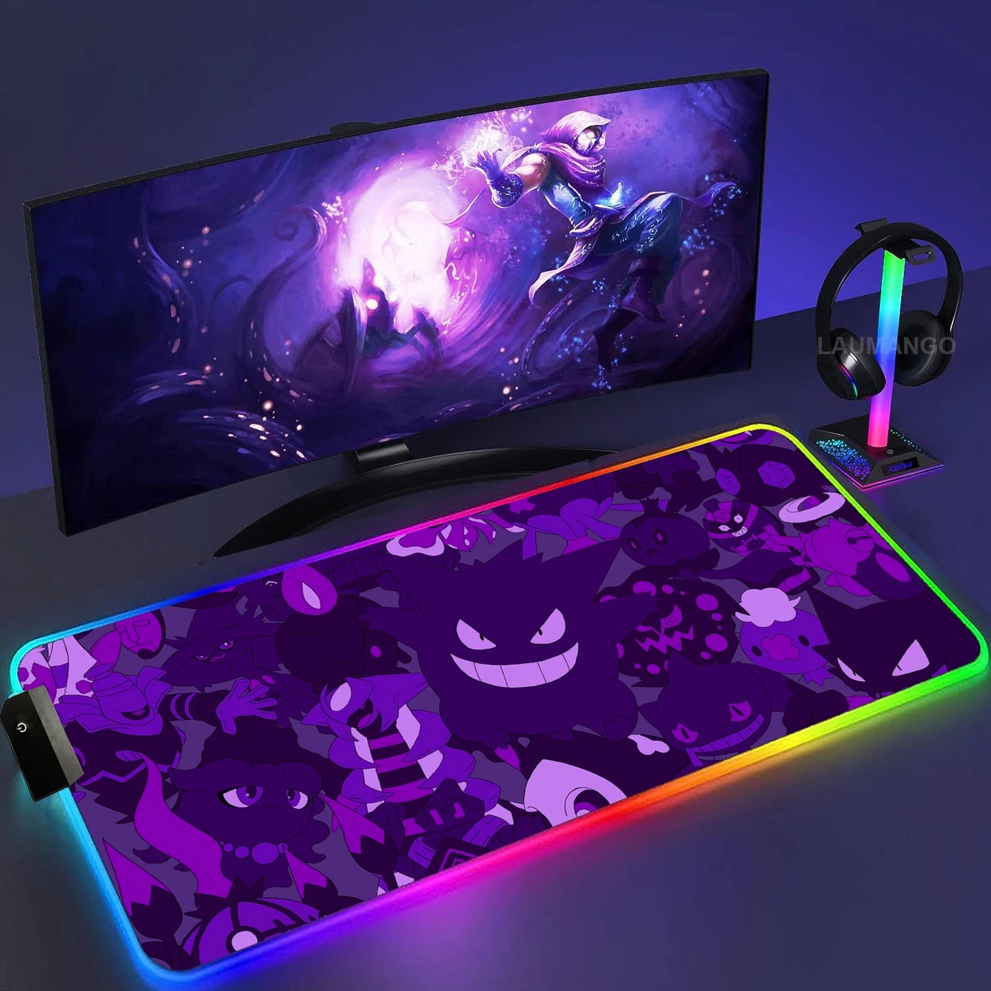 Gengar Mousepad Pokemon RGB LED Purple Mouse Pad Gaming Accessories Ghost Big Extended Keyboard Carpet PC Anime Desk Mats