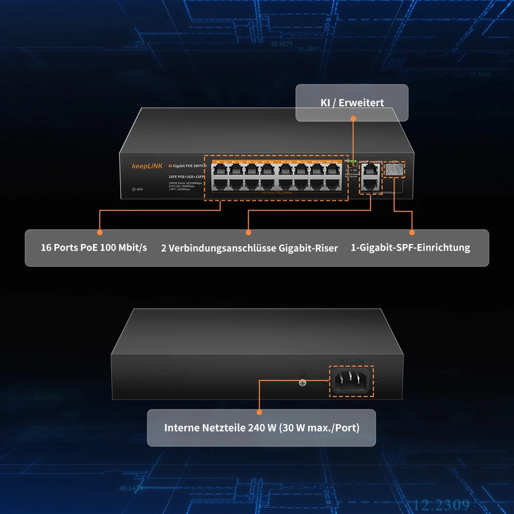 KeepLiNK 19-Port Network Switch with 16-Megaibt PoE and 2-Port Gigabit Ethernet RJ45 Copper and 1-SFP Uplink Plug and Play