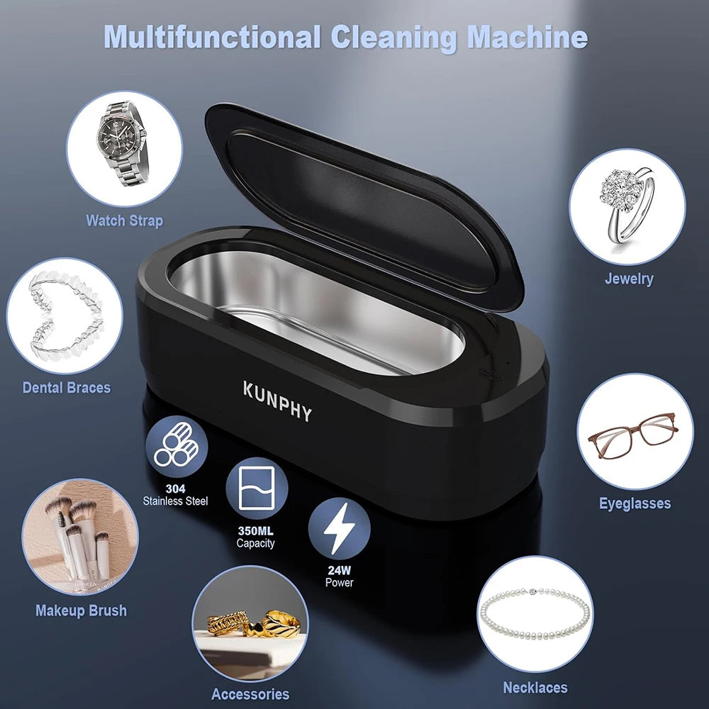 KUNPHY Ultrasonic Jewelry Cleaner 12oz 46KHz Professional Sonic Cleaner with One-Touch Operation Sonic Cleaner for Rings Glasses