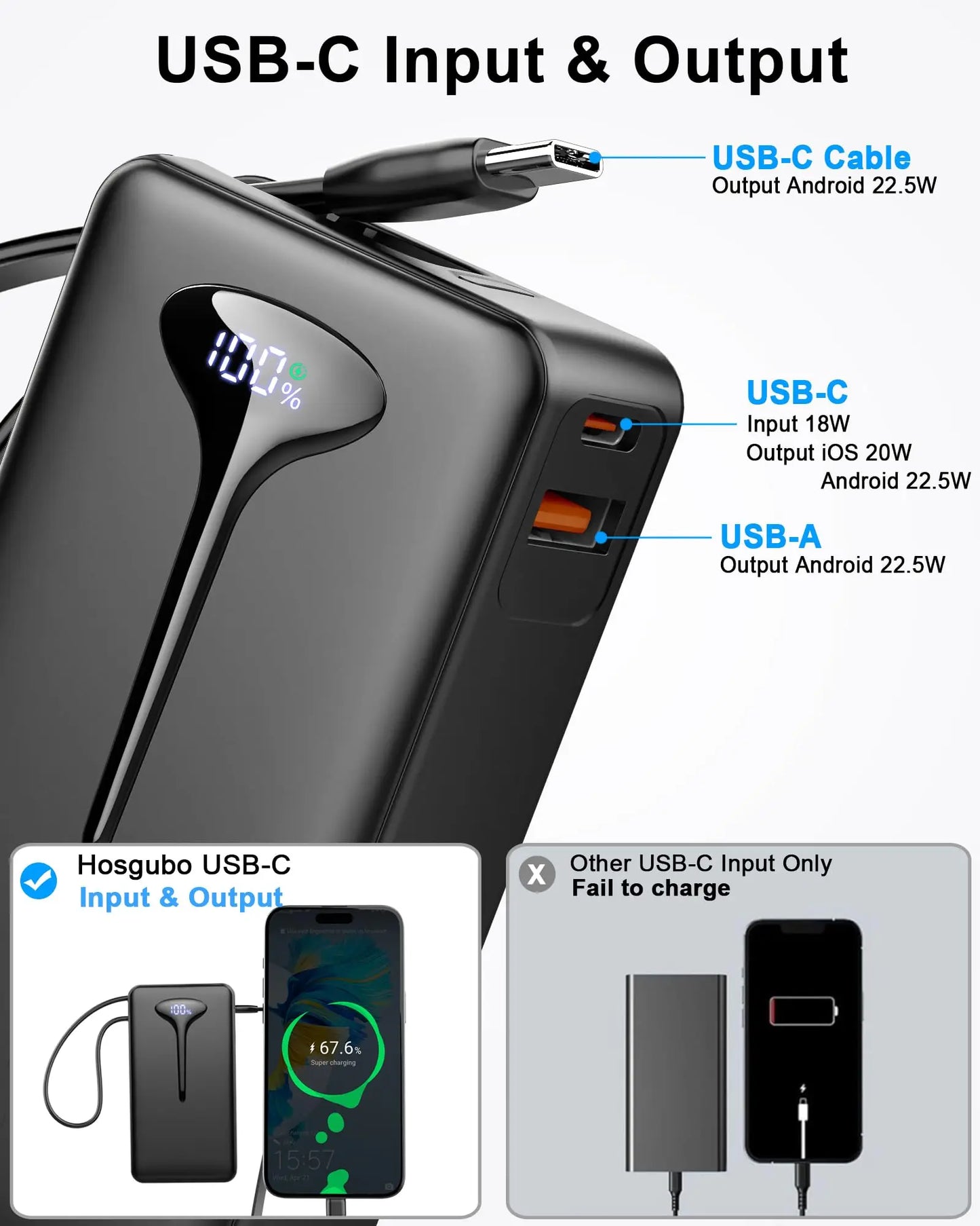 10000mAh Portable Charger Power Bank with 22.5W Fast Charging, USB-C In&Out, Built-in Cable,Travel Essentials for iPhone,Android