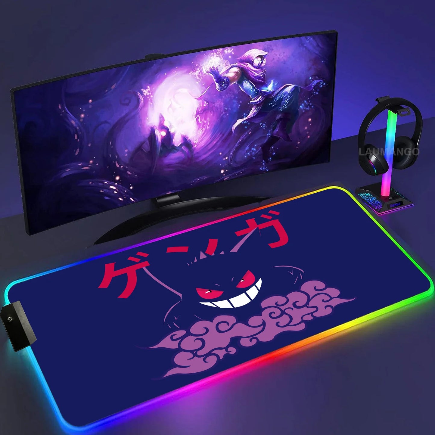 Gengar Mousepad Pokemon RGB LED Purple Mouse Pad Gaming Accessories Ghost Big Extended Keyboard Carpet PC Anime Desk Mats