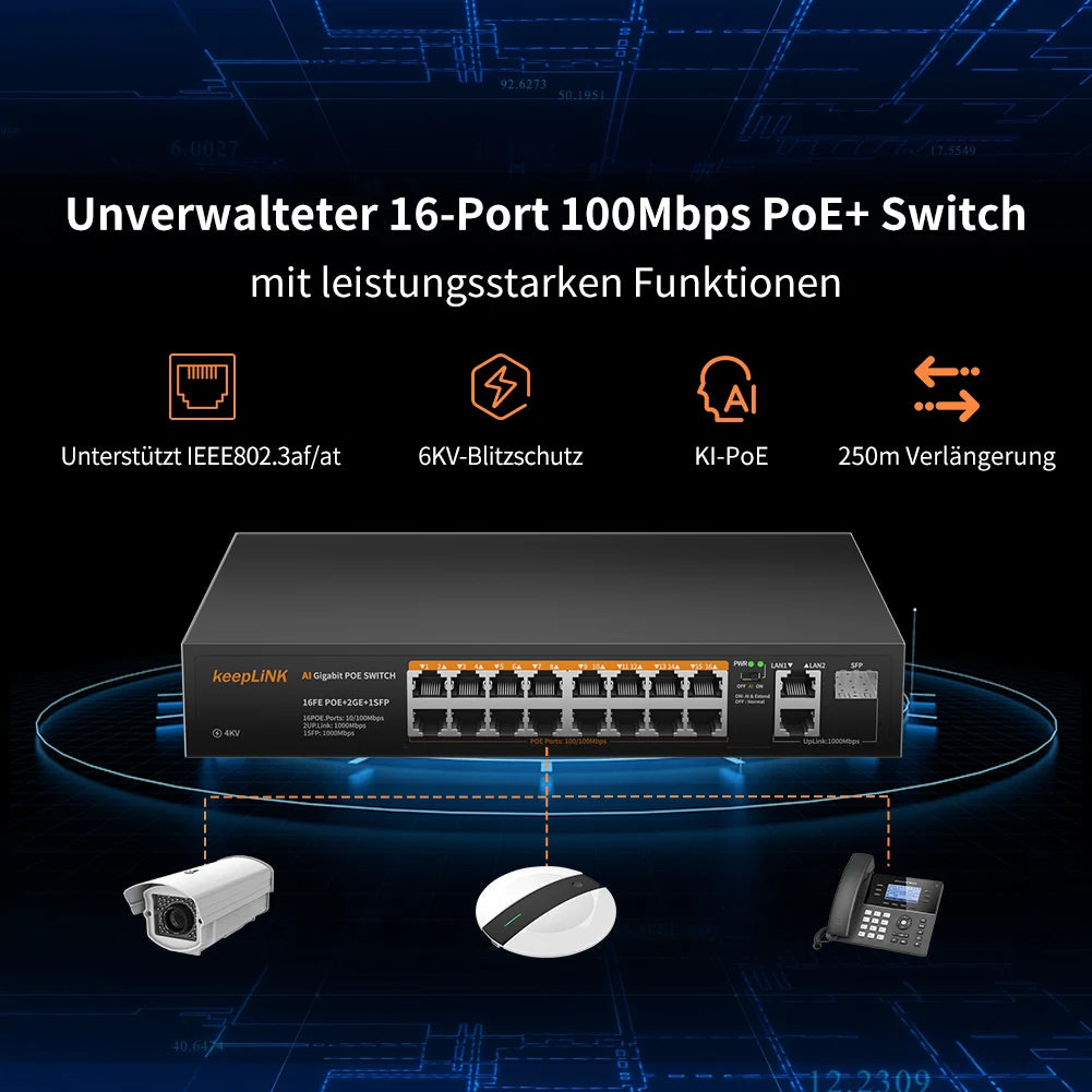 KeepLiNK 19-Port Network Switch with 16-Megaibt PoE and 2-Port Gigabit Ethernet RJ45 Copper and 1-SFP Uplink Plug and Play