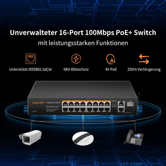 KeepLiNK 19-Port Network Switch with 16-Megaibt PoE and 2-Port Gigabit Ethernet RJ45 Copper and 1-SFP Uplink Plug and Play