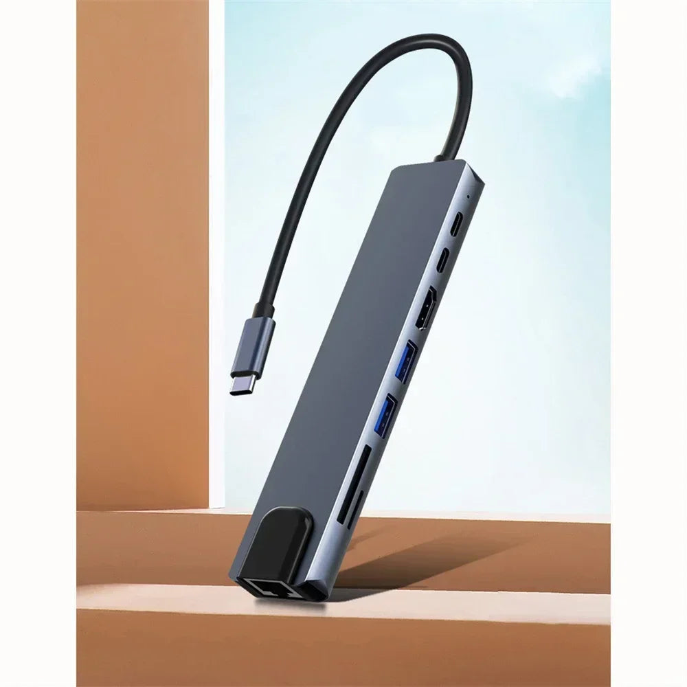 8in1 Type C Hub USB C 8 In 1 USB3.1 To 4K HDMI-Compatible Adapter with RJ45 SD/TF Card Reader PD Fast Charge For Laptop Computer