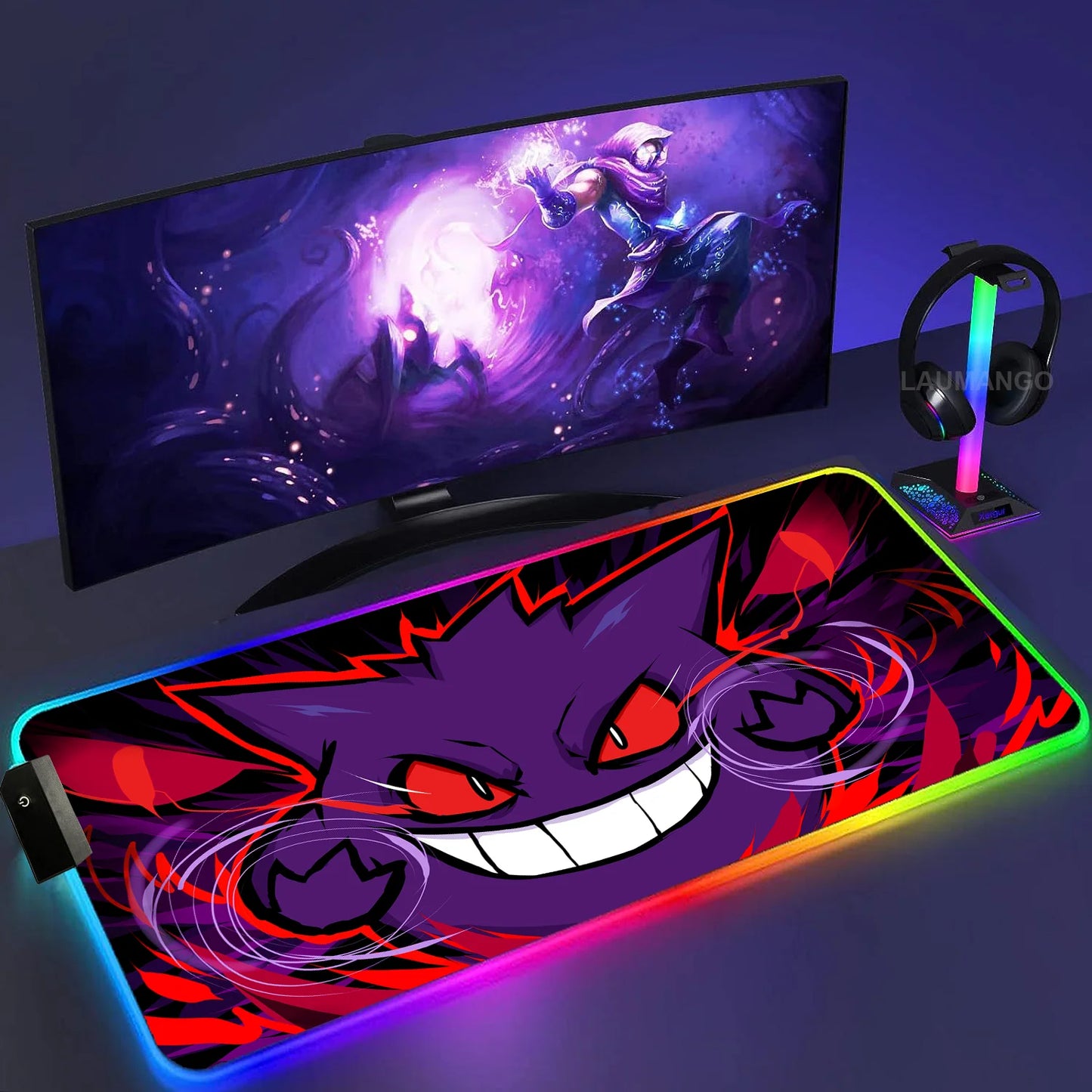 Gengar Mousepad Pokemon RGB LED Purple Mouse Pad Gaming Accessories Ghost Big Extended Keyboard Carpet PC Anime Desk Mats