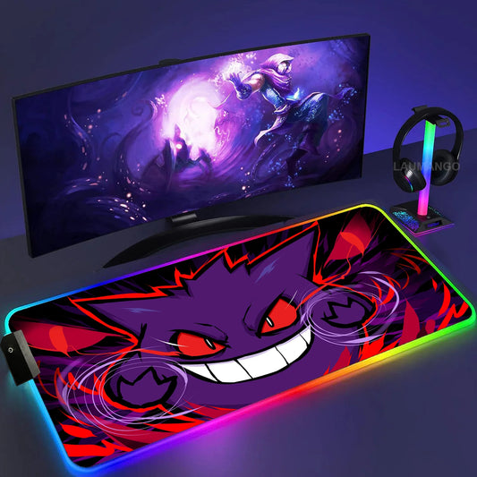 Gengar Mousepad Pokemon RGB LED Purple Mouse Pad Gaming Accessories Ghost Big Extended Keyboard Carpet PC Anime Desk Mats