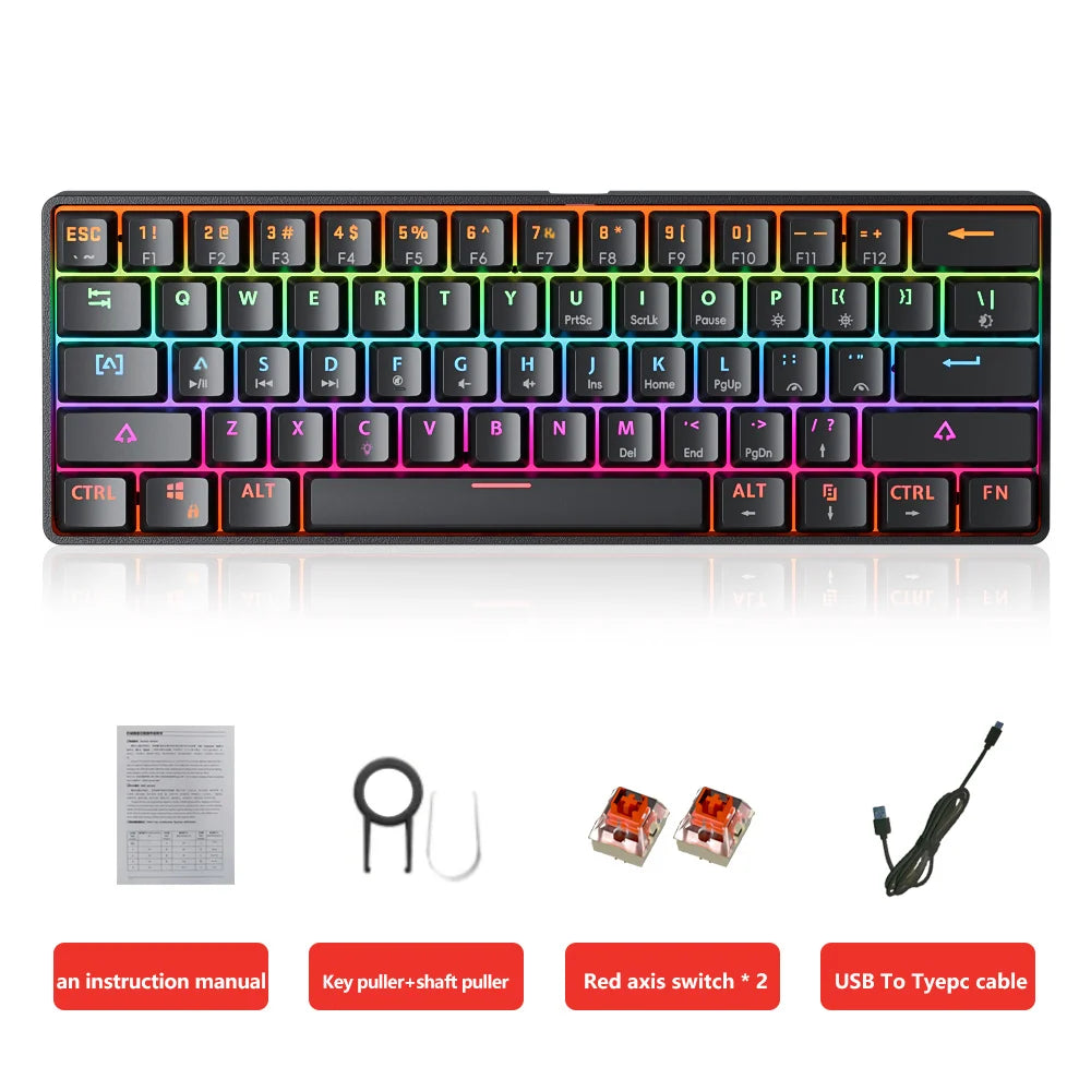 MUCAI 61Key Esports Mechanical Keyboard Mini Portable Wired USB Hot swappable RGB Light Effect Red Axis Compact and Practical