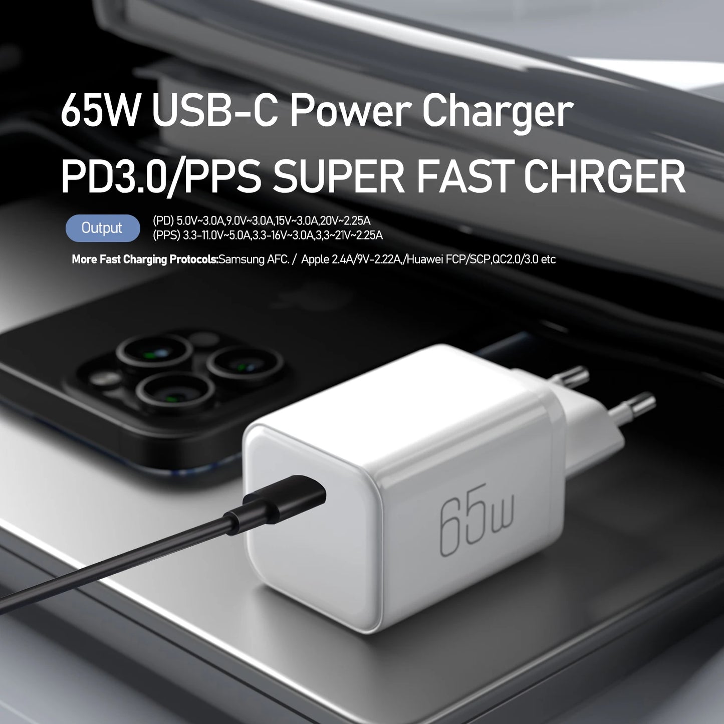 65W USB-C Power Charger PD3.0/PPS Super Fast Charger for iPhone iPad Samsung OnePlus Wall Quick Charge Adapter TypeC Cable EU