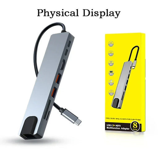 8in1 Type C Hub USB C 8 In 1 USB3.1 To 4K HDMI-Compatible Adapter with RJ45 SD/TF Card Reader PD Fast Charge For Laptop Computer