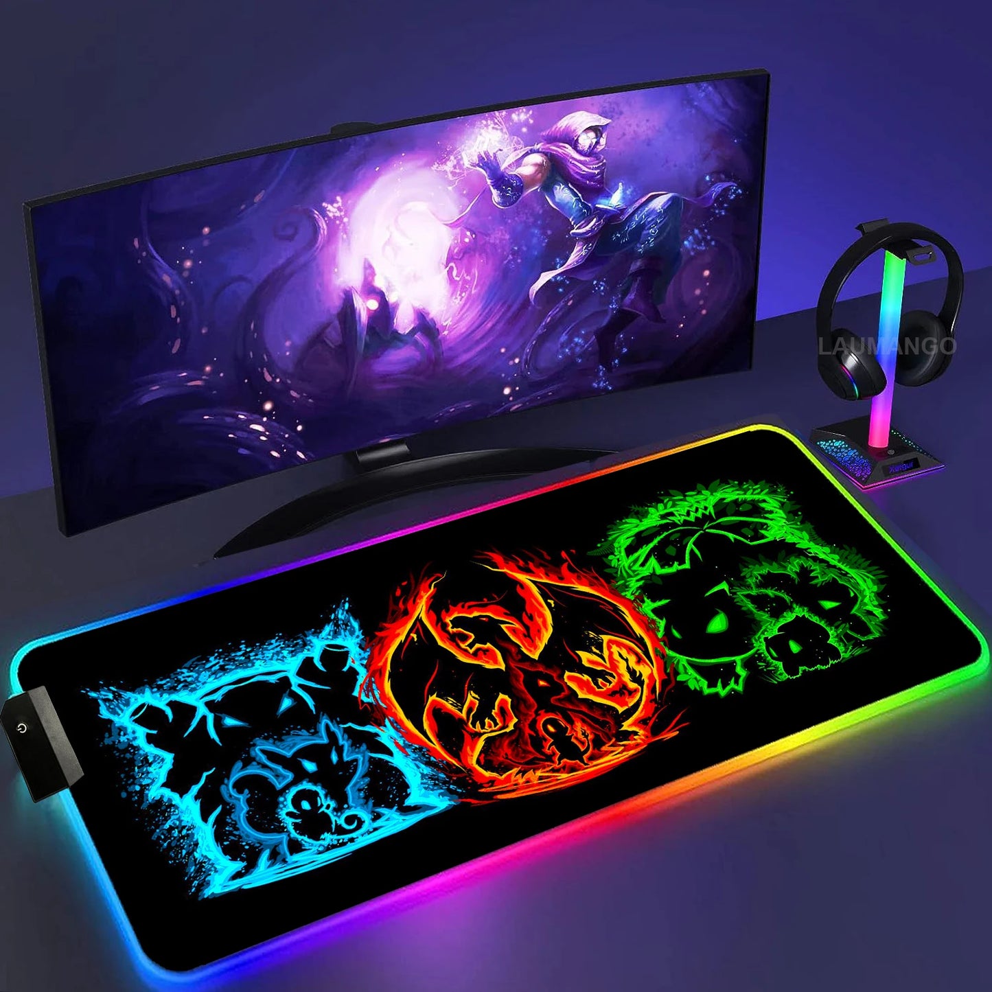 Gengar Mousepad Pokemon RGB LED Purple Mouse Pad Gaming Accessories Ghost Big Extended Keyboard Carpet PC Anime Desk Mats