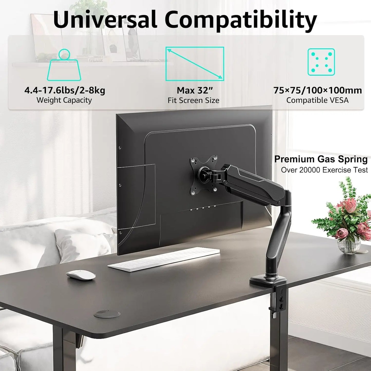 Redragon GMK914 Single Monitor Mount Stand Gas Spring Adjustable Arms with VESA 75/100mm, 13-32 Inch Screen Compatibility
