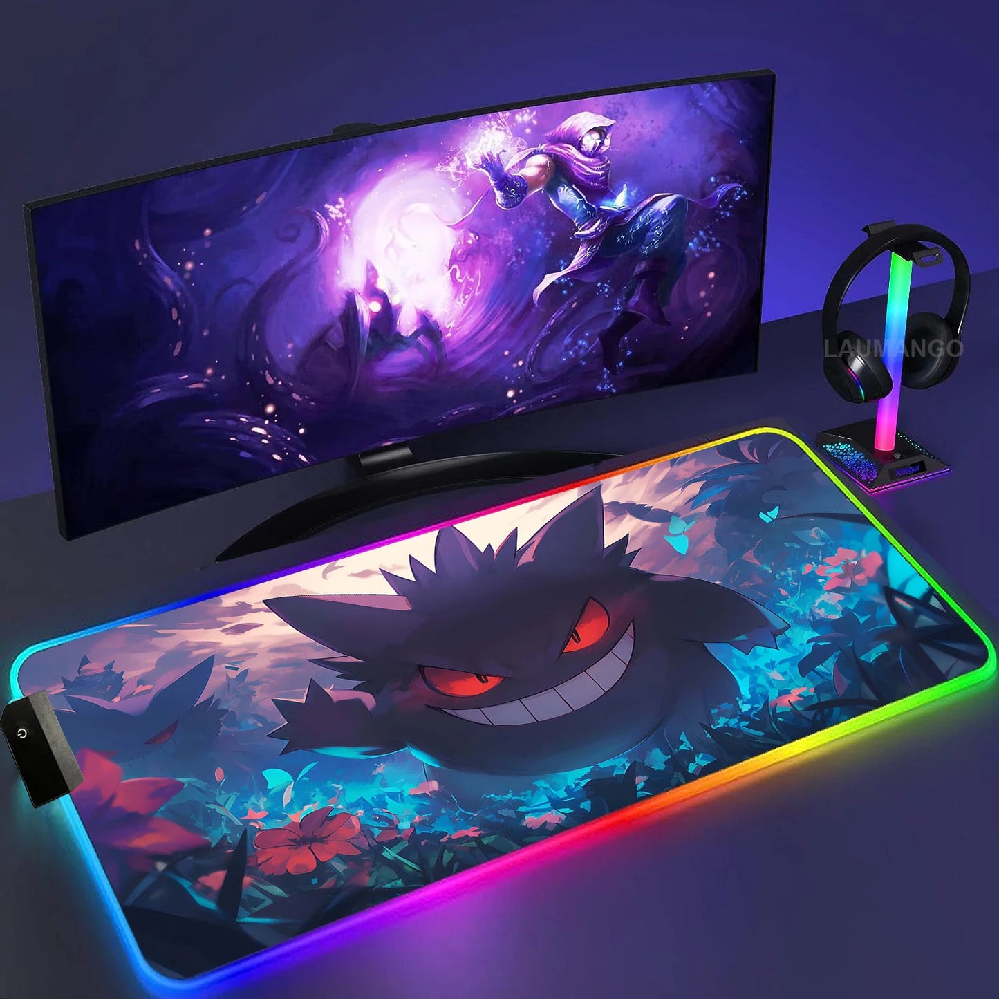 Gengar Mousepad Pokemon RGB LED Purple Mouse Pad Gaming Accessories Ghost Big Extended Keyboard Carpet PC Anime Desk Mats