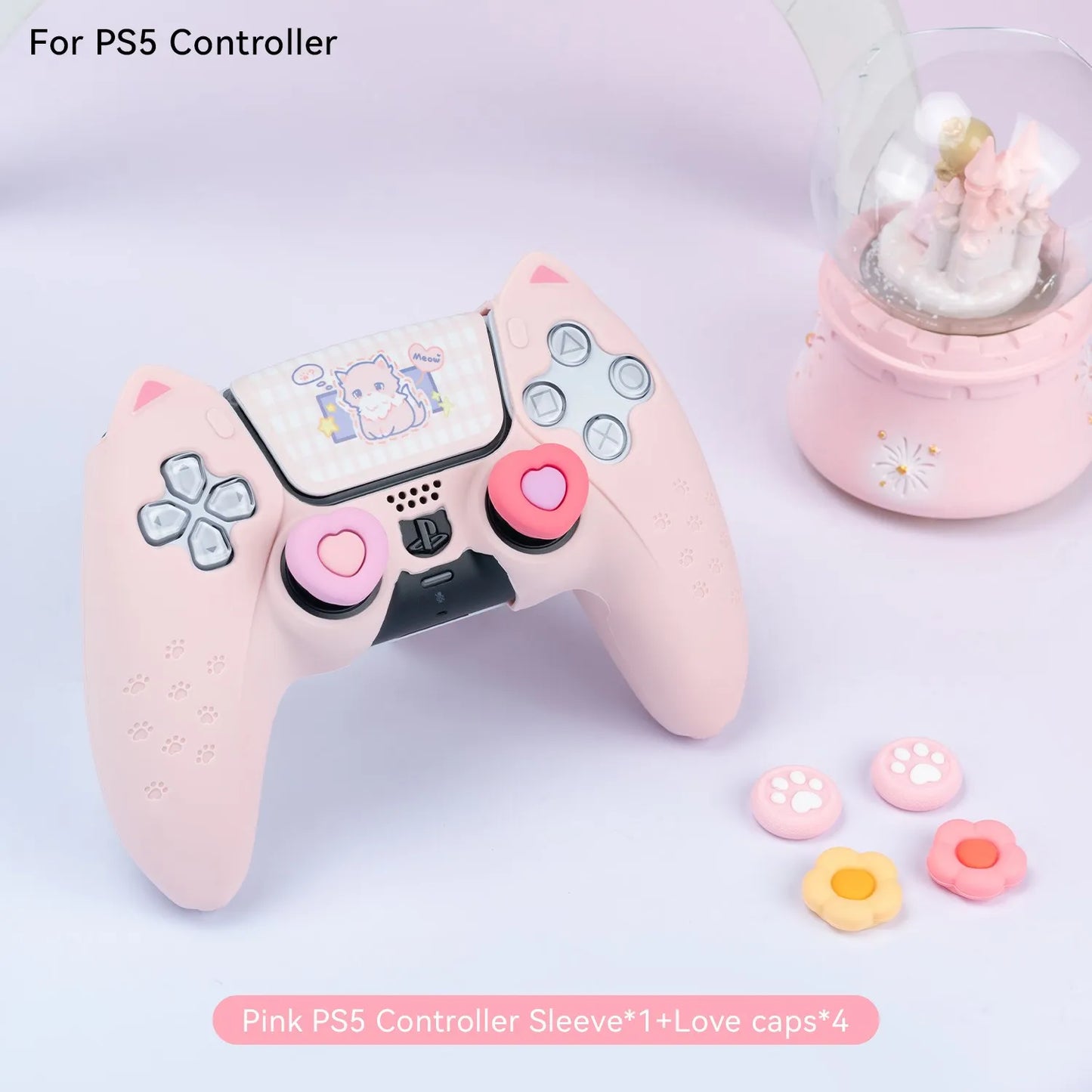 GeekShare PS5 Controller Case Set Silicone Cute Cat Thumb Grip Caps + PS5 Controller Shell Cover + Stiker For SONY Playstation 5