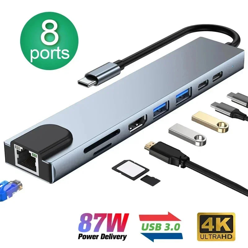 8in1 Type C Hub USB C 8 In 1 USB3.1 To 4K HDMI-Compatible Adapter with RJ45 SD/TF Card Reader PD Fast Charge For Laptop Computer