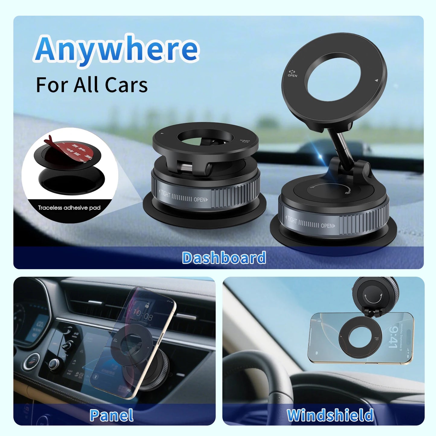 K007 Strong Magnetic Car Phone Holder Foldable Design 360° Adjustable Vacuum Mount for Car/Desk/Bathroom/Universal Use
