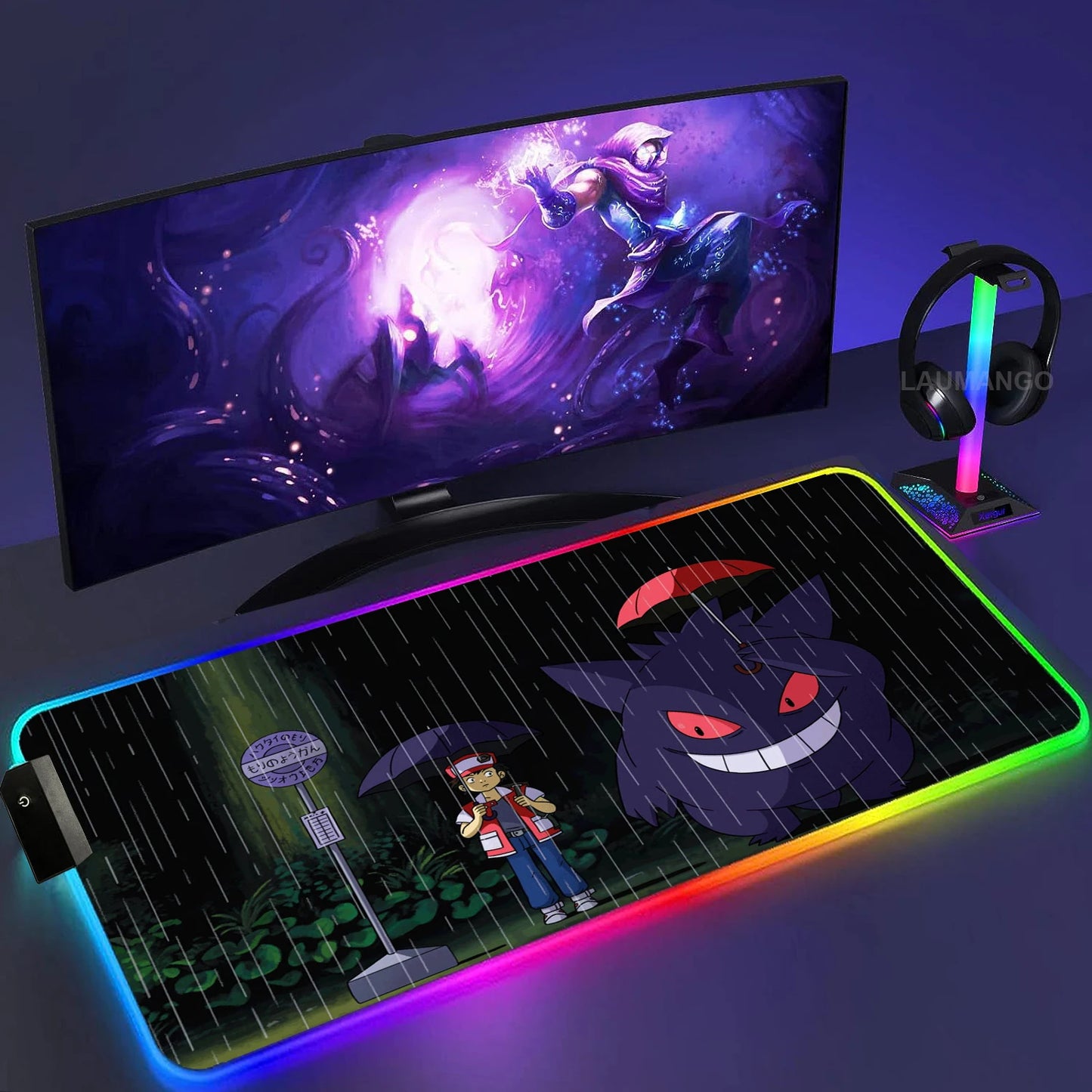 Gengar Mousepad Pokemon RGB LED Purple Mouse Pad Gaming Accessories Ghost Big Extended Keyboard Carpet PC Anime Desk Mats
