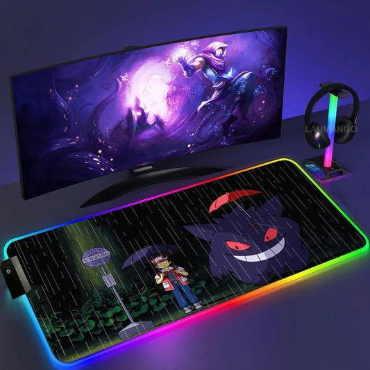 Gengar Mousepad Pokemon RGB LED Purple Mouse Pad Gaming Accessories Ghost Big Extended Keyboard Carpet PC Anime Desk Mats
