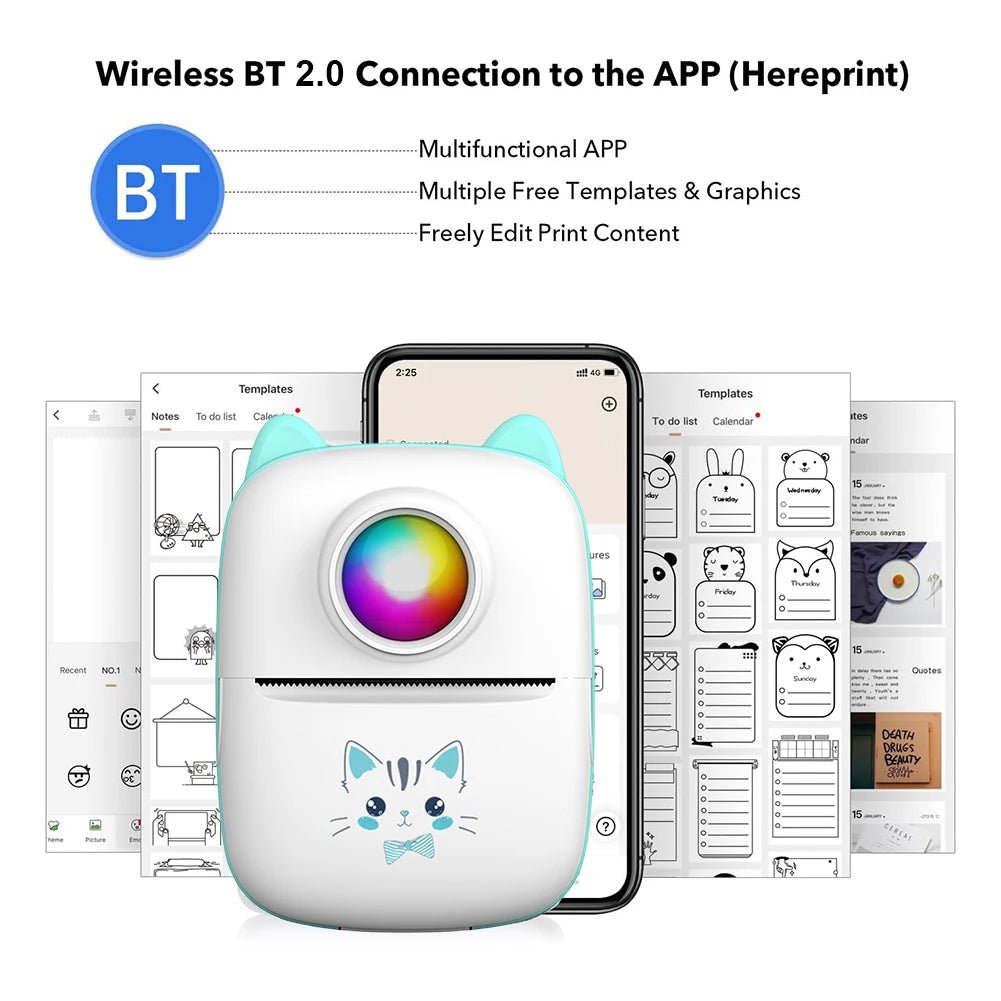 Adhesive Label Printer with USB Cable Portable Mini Thermal Printer Wireless BT 200dpi 1000mAh Ink-free Thermal Printing Machine