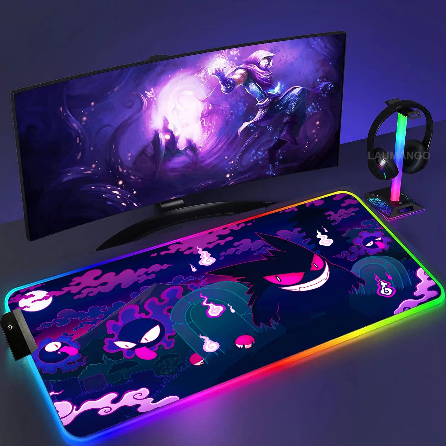 Gengar Mousepad Pokemon RGB LED Purple Mouse Pad Gaming Accessories Ghost Big Extended Keyboard Carpet PC Anime Desk Mats