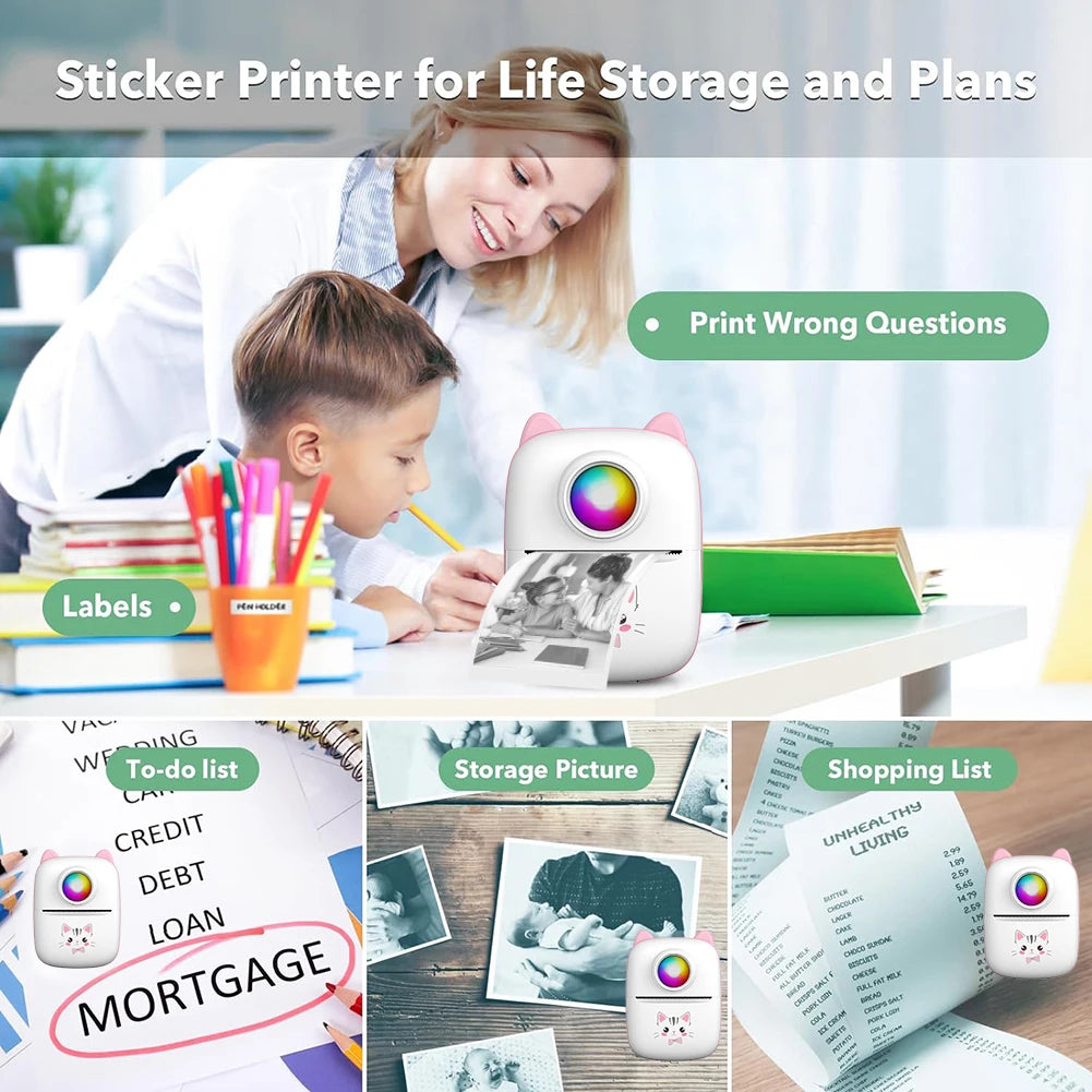 Adhesive Label Printer with USB Cable Portable Mini Thermal Printer Wireless BT 200dpi 1000mAh Ink-free Thermal Printing Machine