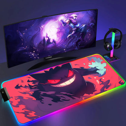 Gengar Mousepad Pokemon RGB LED Purple Mouse Pad Gaming Accessories Ghost Big Extended Keyboard Carpet PC Anime Desk Mats