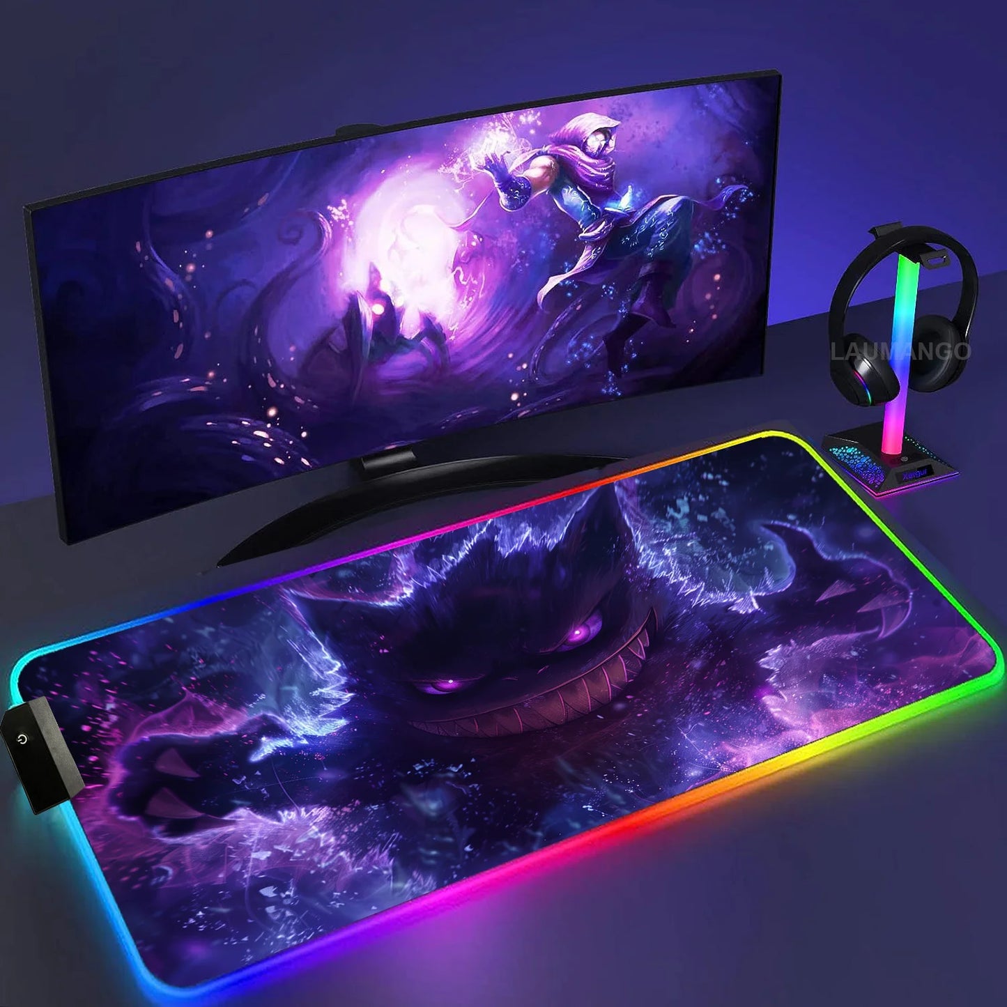 Gengar Mousepad Pokemon RGB LED Purple Mouse Pad Gaming Accessories Ghost Big Extended Keyboard Carpet PC Anime Desk Mats