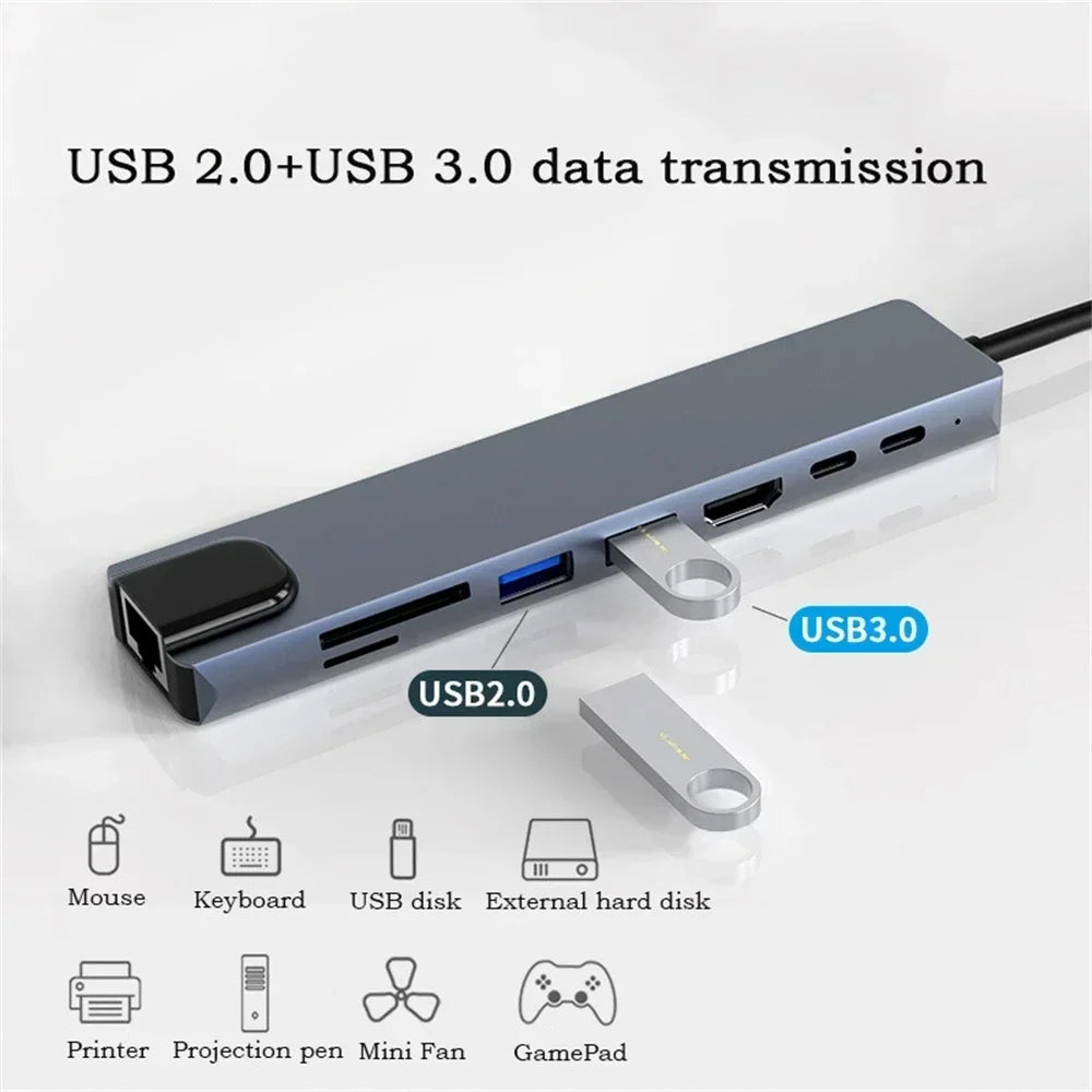 8in1 Type C Hub USB C 8 In 1 USB3.1 To 4K HDMI-Compatible Adapter with RJ45 SD/TF Card Reader PD Fast Charge For Laptop Computer