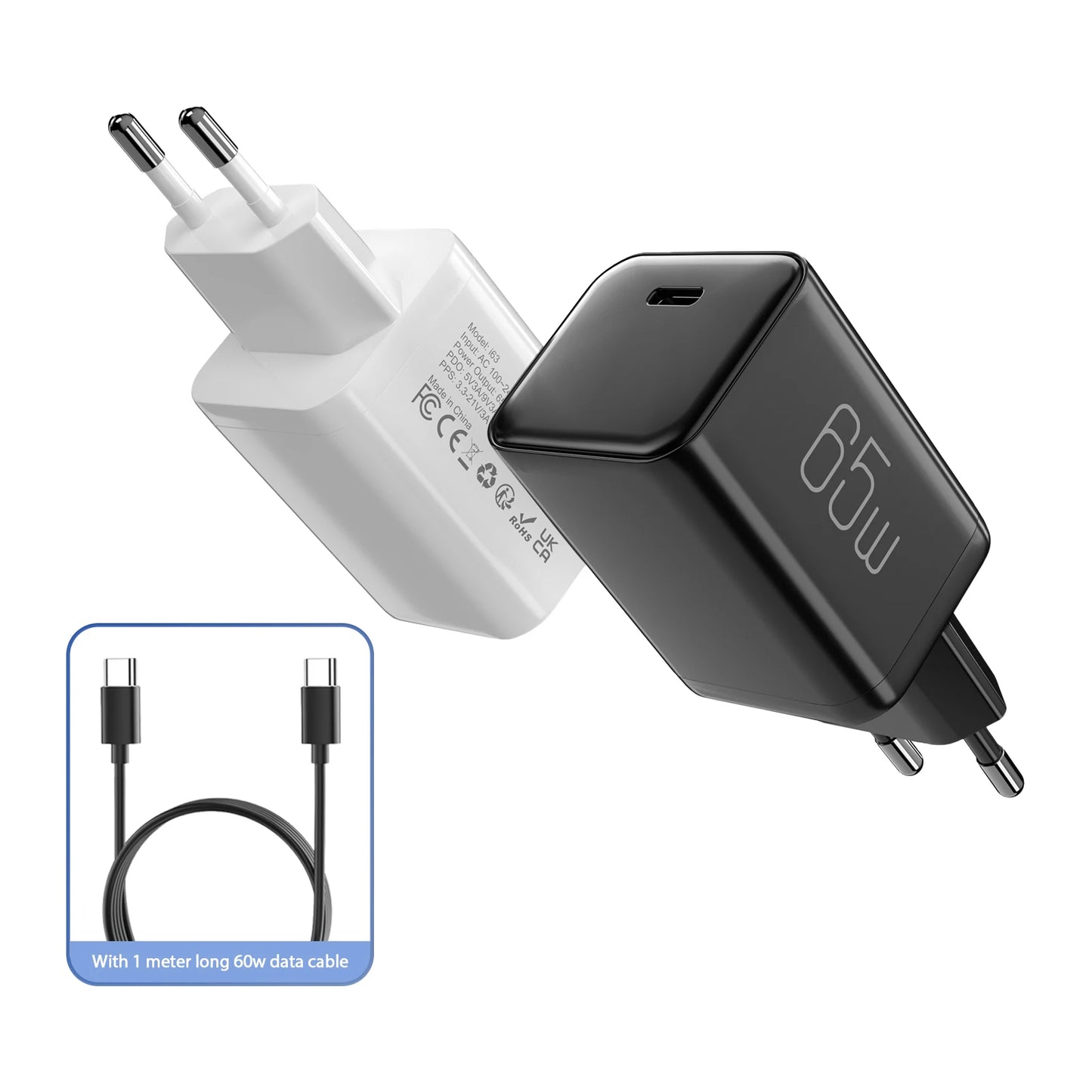 65W USB-C Power Charger PD3.0/PPS Super Fast Charger for iPhone iPad Samsung OnePlus Wall Quick Charge Adapter TypeC Cable EU